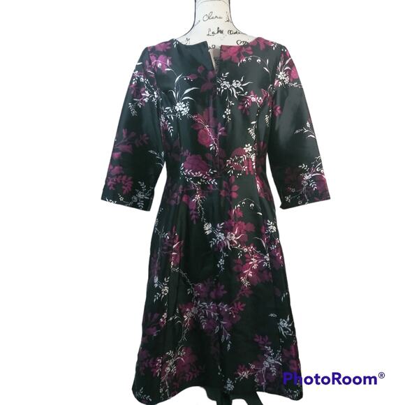 Oscar de la Renta Dresses & Skirts - Oscar de la Renta Black Pink Floral Silk Print 3/4 Sleeve Dress Size 12